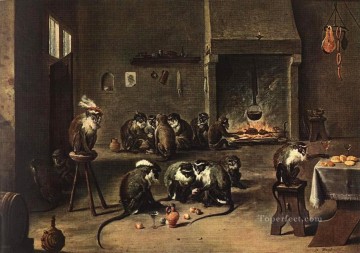 キッチンの猿 デビッド・テニアーズ 服を着た若い猿 Oil Paintings
